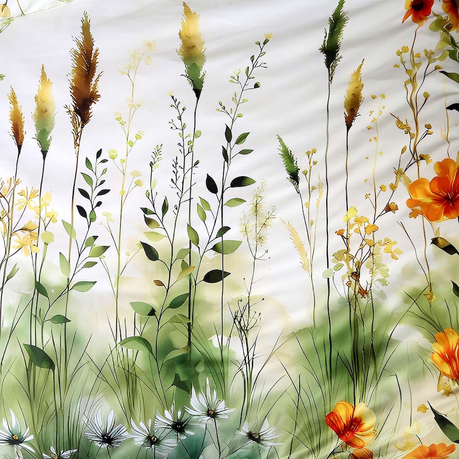 Pościel satyna bawełniana 180x200 Solaia kremowa, kwiatowa zielona łąka, Satynlove Premium