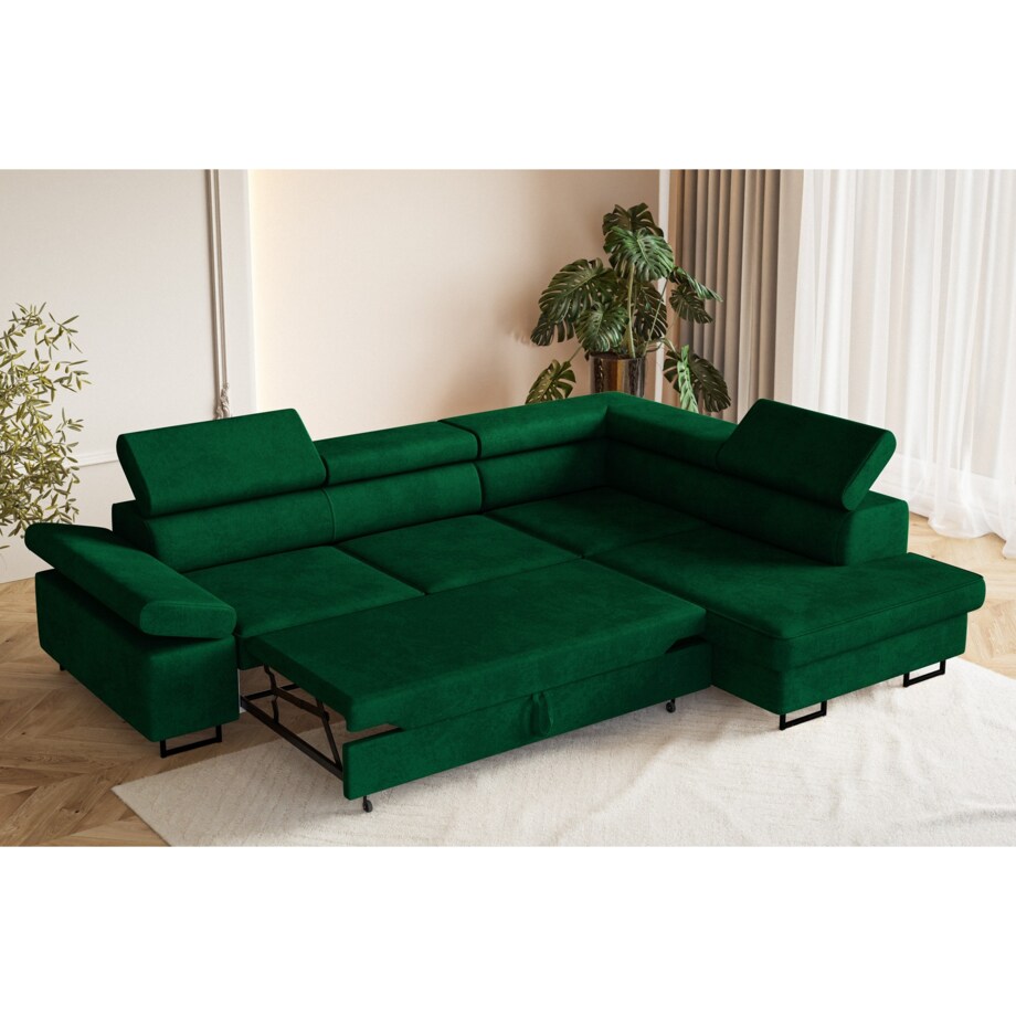 Narożnik ALEX z regulowanymi zagłówkami, prawostronny- butelkowa zieleń