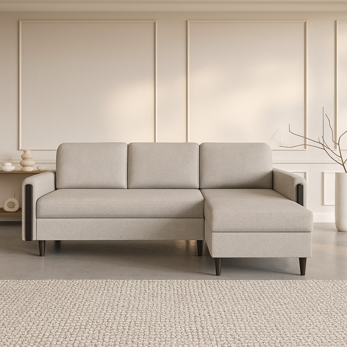 Wygodny narożnik GALOS - beżowy-drewno wenge -prawostronny