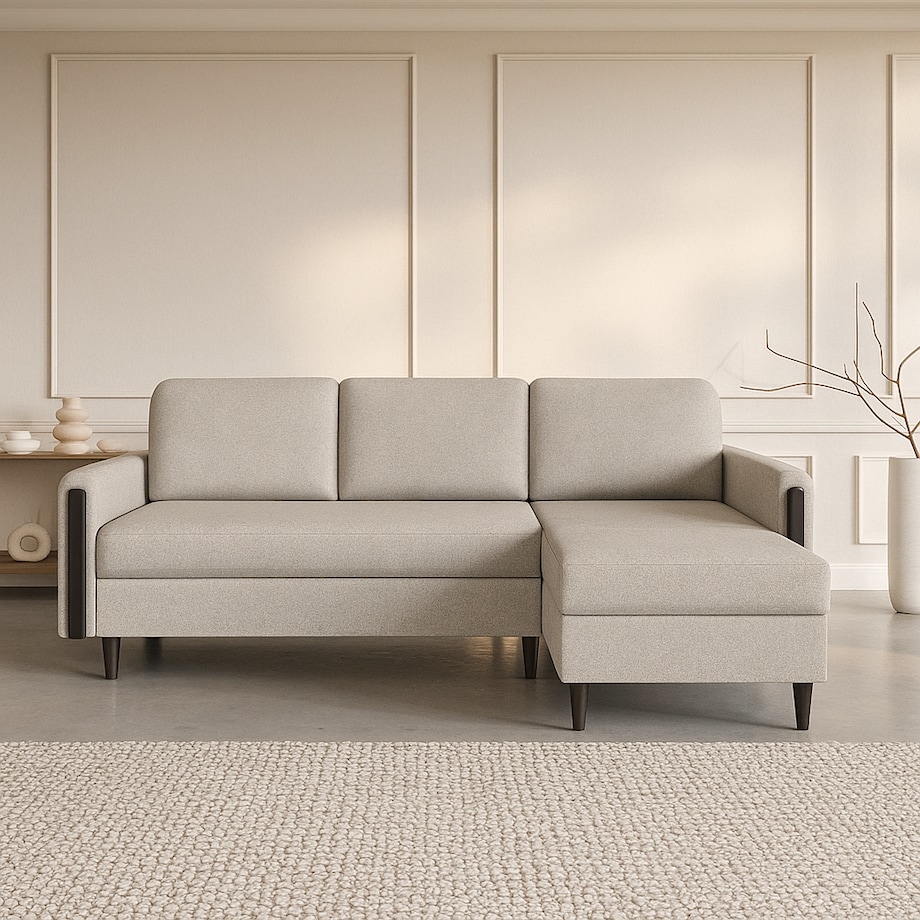 Wygodny narożnik GALOS - beżowy-drewno wenge -prawostronny