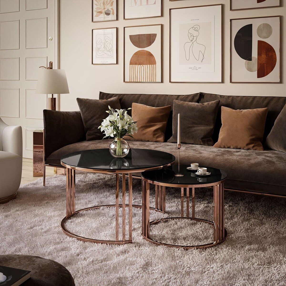 Zestaw stolików kawowych LORI 2w1, miedziana podstawa, czarne szkło