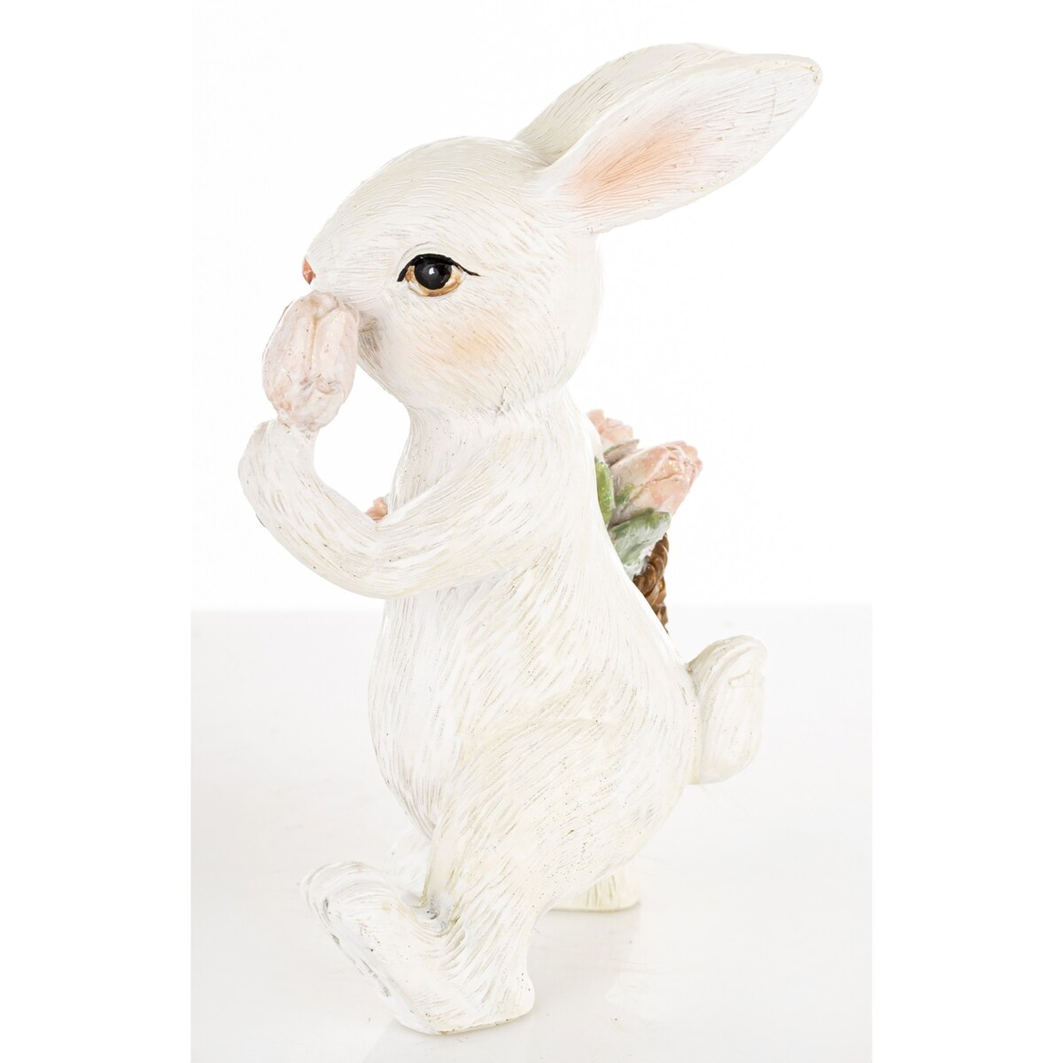 Figurka - biały królik 11x6,5x6,5 cm z koszykiem różowych tulipanów