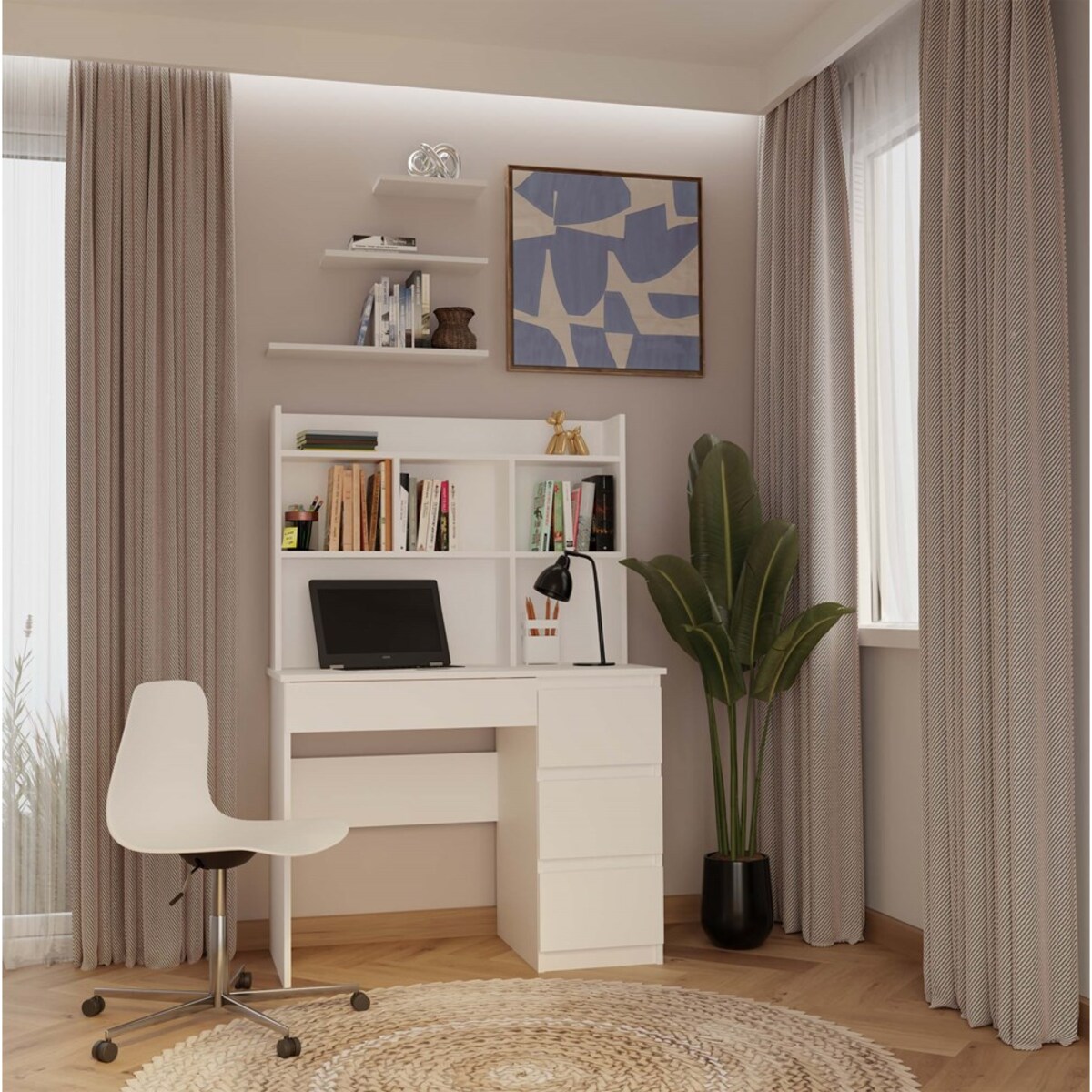 Biurko Topeshop Mijas Prawe z Nadstawką Biel Mat 4 Szuflady 4 Półki