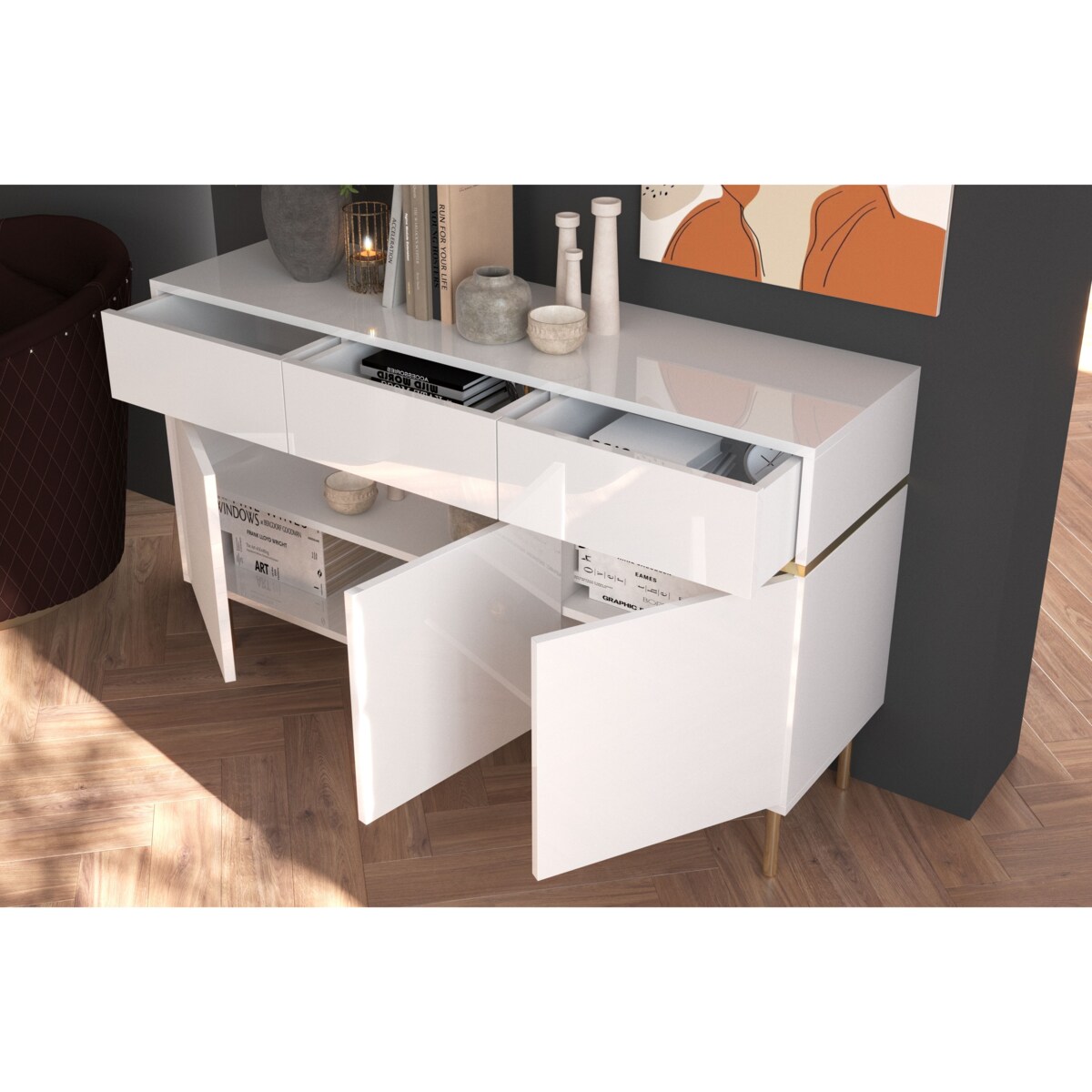 Elegancka biała komoda Dancan MARIKA ze złotymi dodatkami