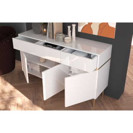 Elegancka biała komoda Dancan MARIKA ze złotymi dodatkami