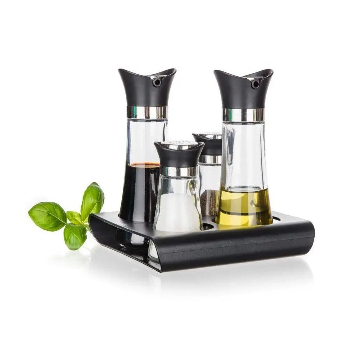 PRZYPRAWNIK na podstawce SOLNICZKA pojemnik na oliwę ocet 4w1 banquet box