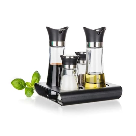 PRZYPRAWNIK na podstawce SOLNICZKA pojemnik na oliwę ocet 4w1 banquet box