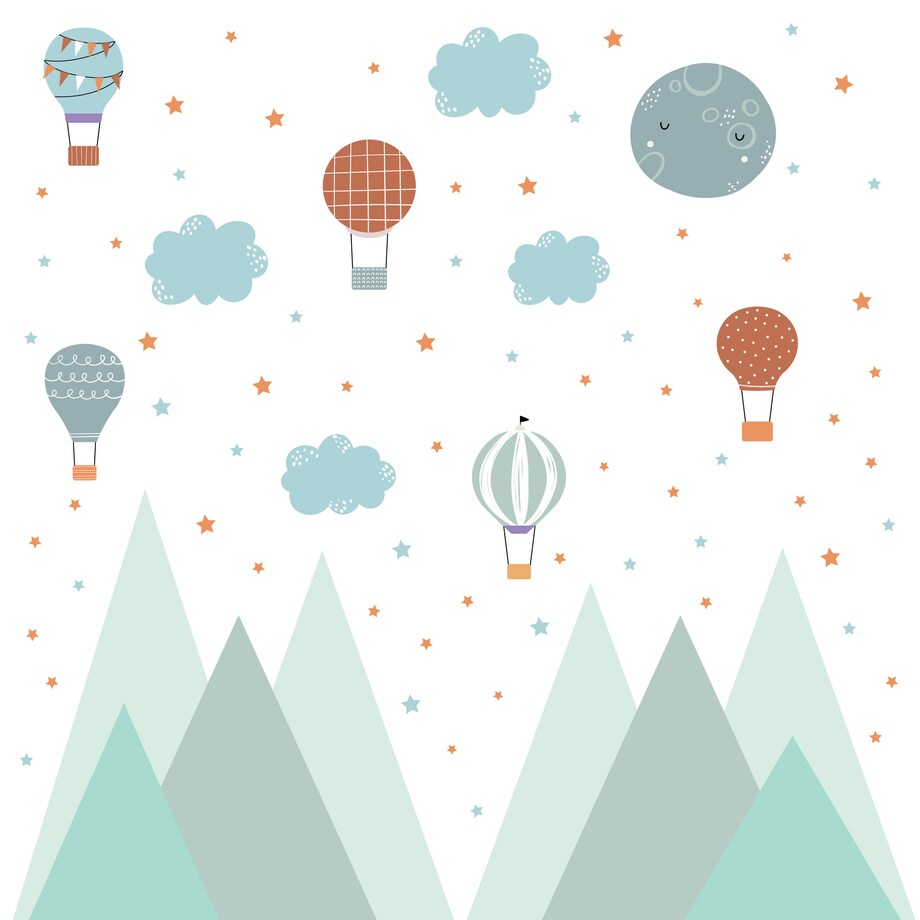 NAKLEJKI ŚCIENNE DLA DZIECI MIĘTOWE GÓRY GWIAZDKI CHMURKI BALONY ZESTAW
