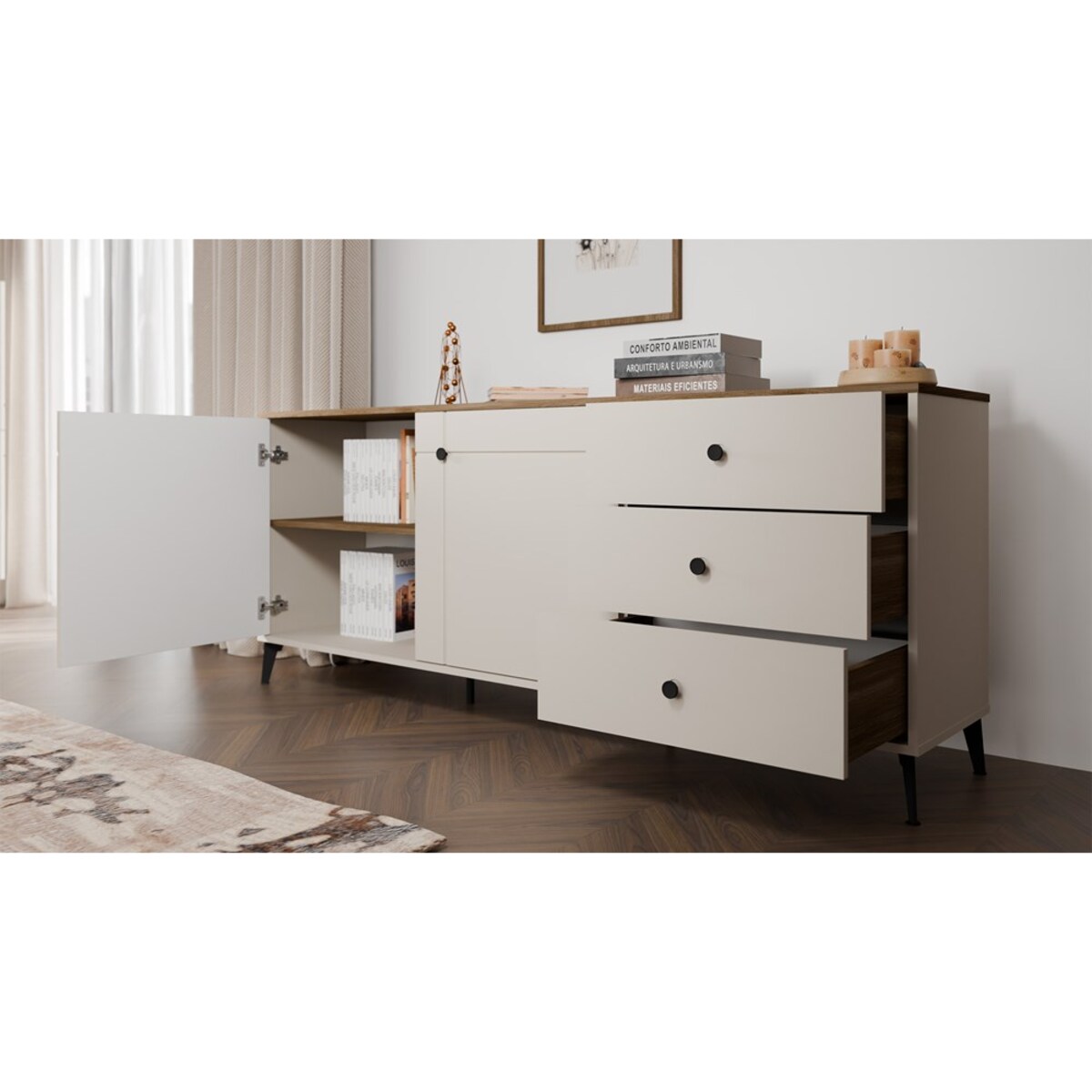 Komoda POINT 2D3S Kaszmir Beż Dąb Castello Szafka 3 Szuflady 2 Drzwi Salon