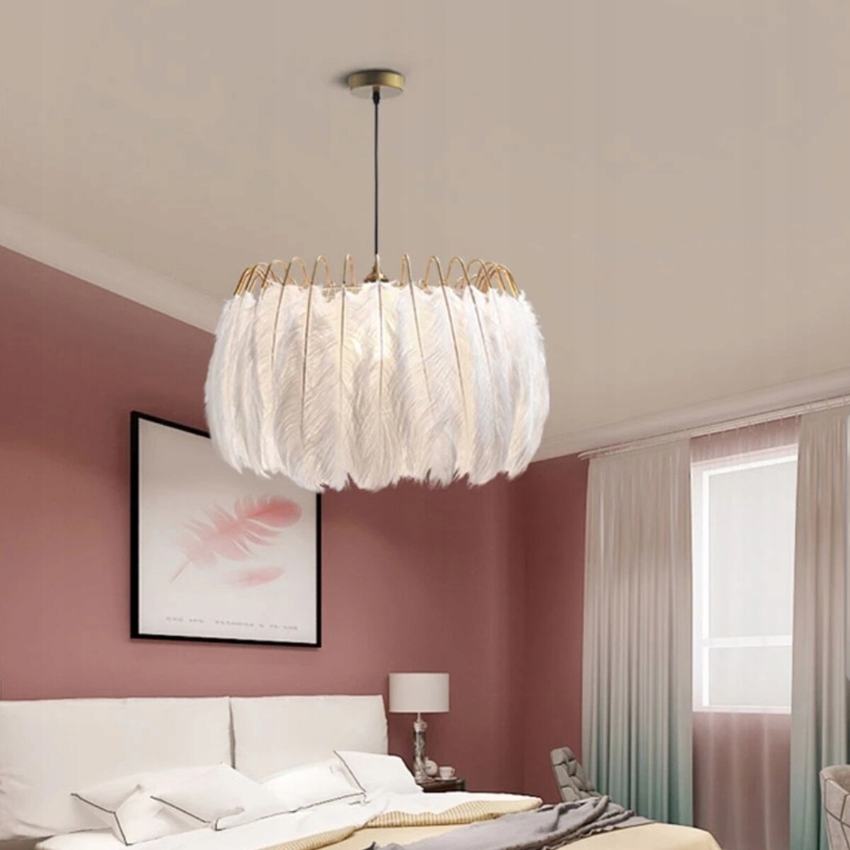 Lampa Sufitowa Wisząca Z Piórami Boho App662 Złota