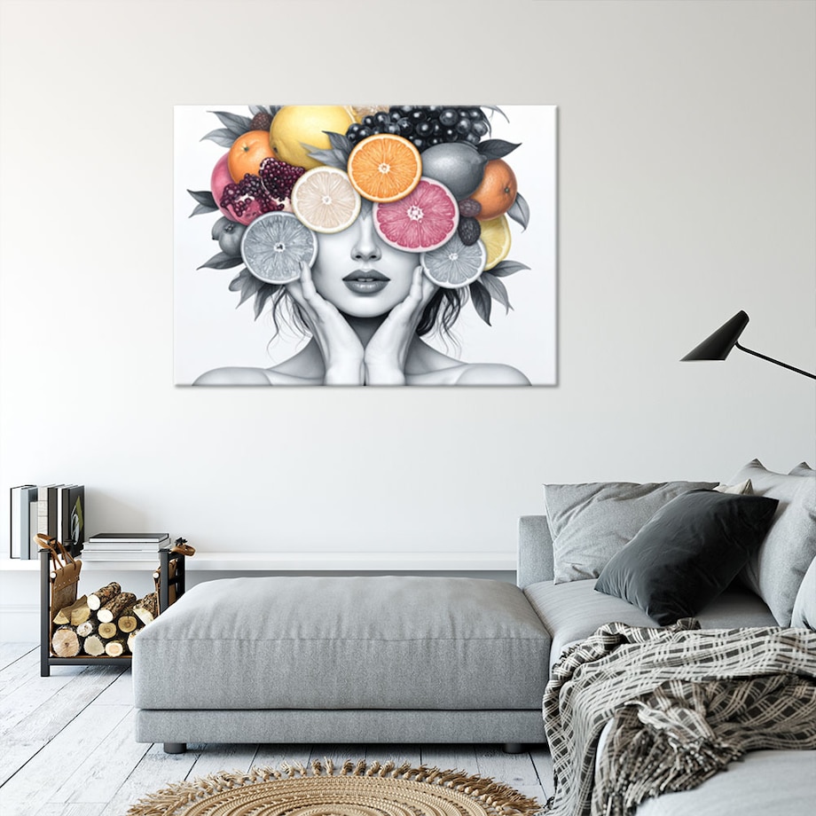 Obraz nowoczesny do salonu kuchni, Kobieta z owocami na głowie 100x70