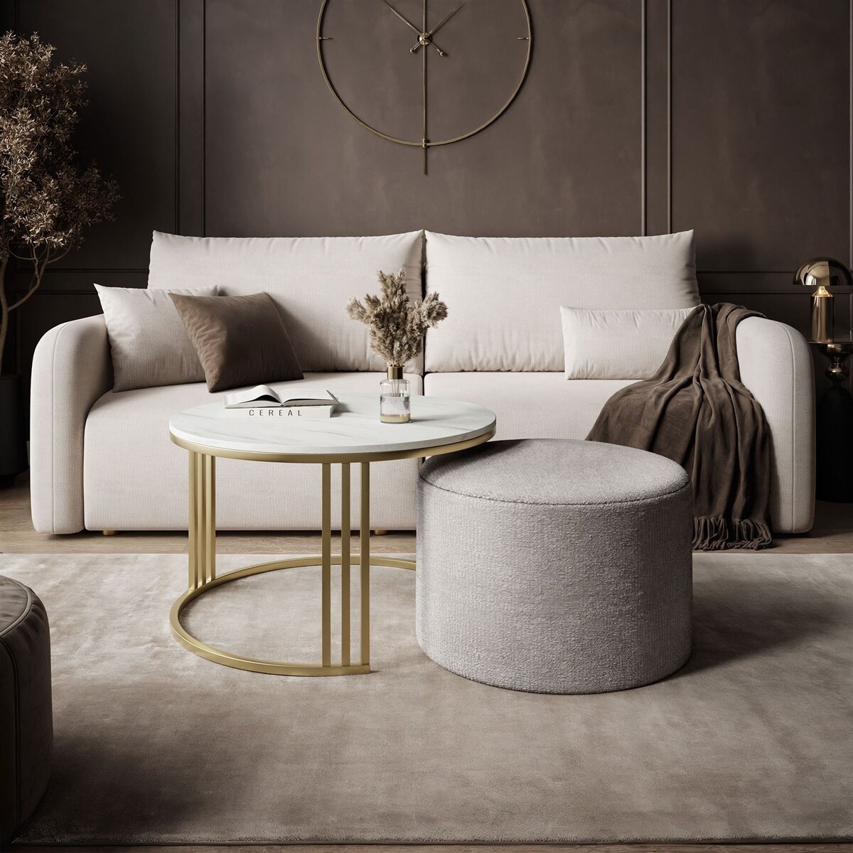 Stolik kawowy z pufą LORI MAT złoto szczotkowane, Marmur Levanto / Perfect Harmony 82