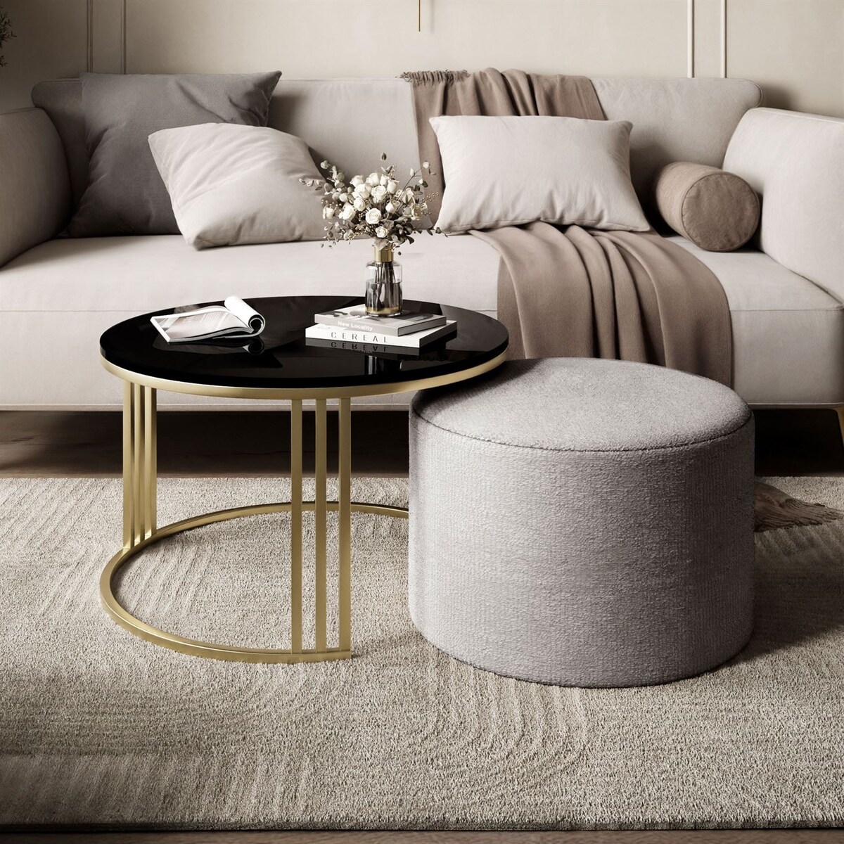 Stolik kawowy z pufą LORI POŁYSK złoto szczotkowane, czarny / Perfect Harmony 82