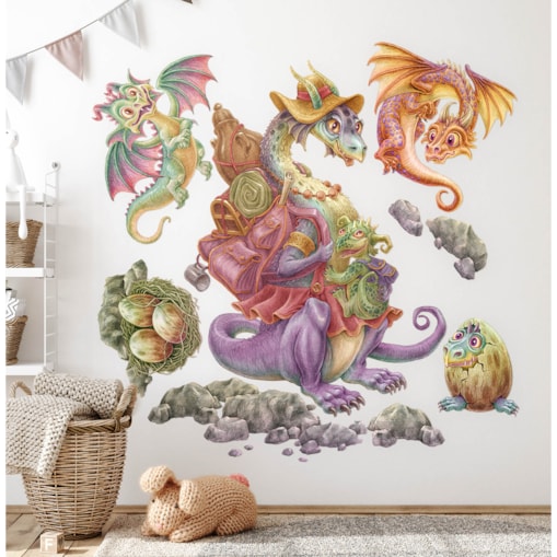 Zestaw naklejek na ścianę, Rodzina smoków, 80cm