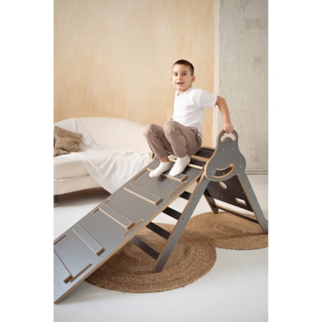 Drabinka Pikler ŚCIANKA WSPINACZKOWA + DUŻA zjeżdżalnia DRABINKA - szara
