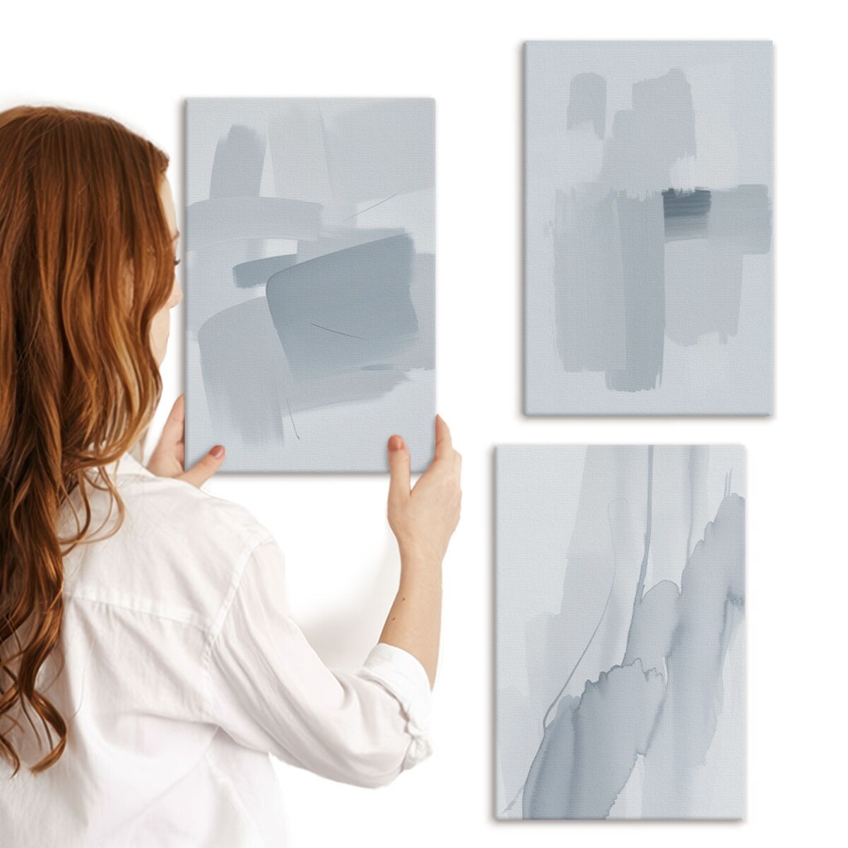 Zestaw 3 małych obrazów na płótnie - Abstrakcyjne akwarelowe sztuki - niebieski