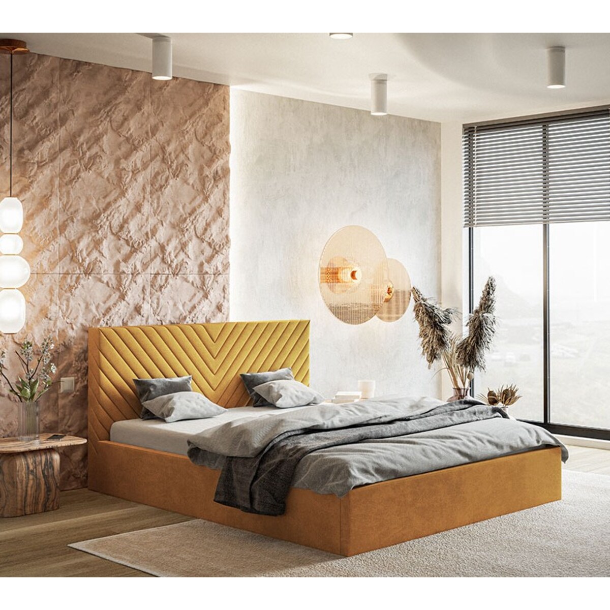 Łóżko tapicerowane 140x200 OLDO 8 z pojemnikiem- musztardowe