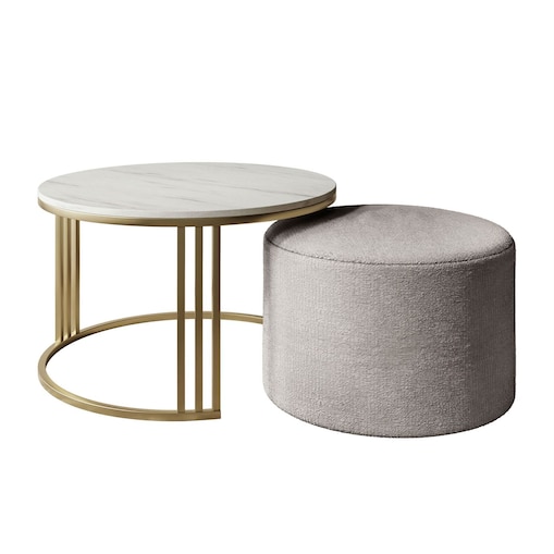 Stolik kawowy z pufą LORI MAT złoto szczotkowane, Marmur Levanto / Perfect Harmony 82