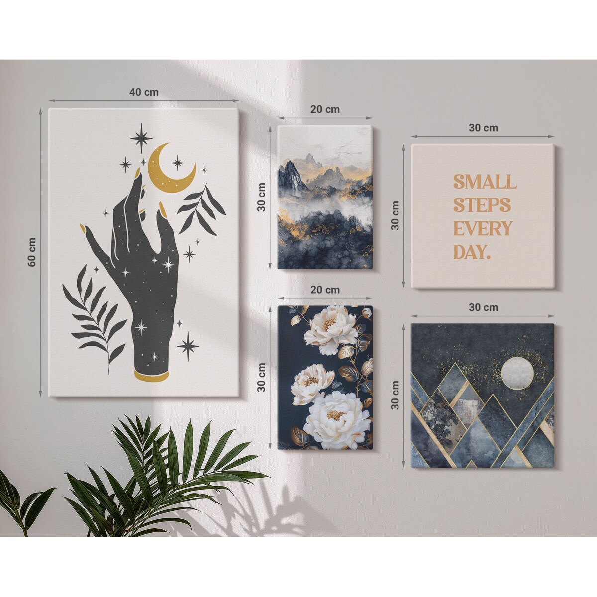 Zestaw 5 obrazów na płótnie - Styl boho z naturą i przesłaniami - granatowy