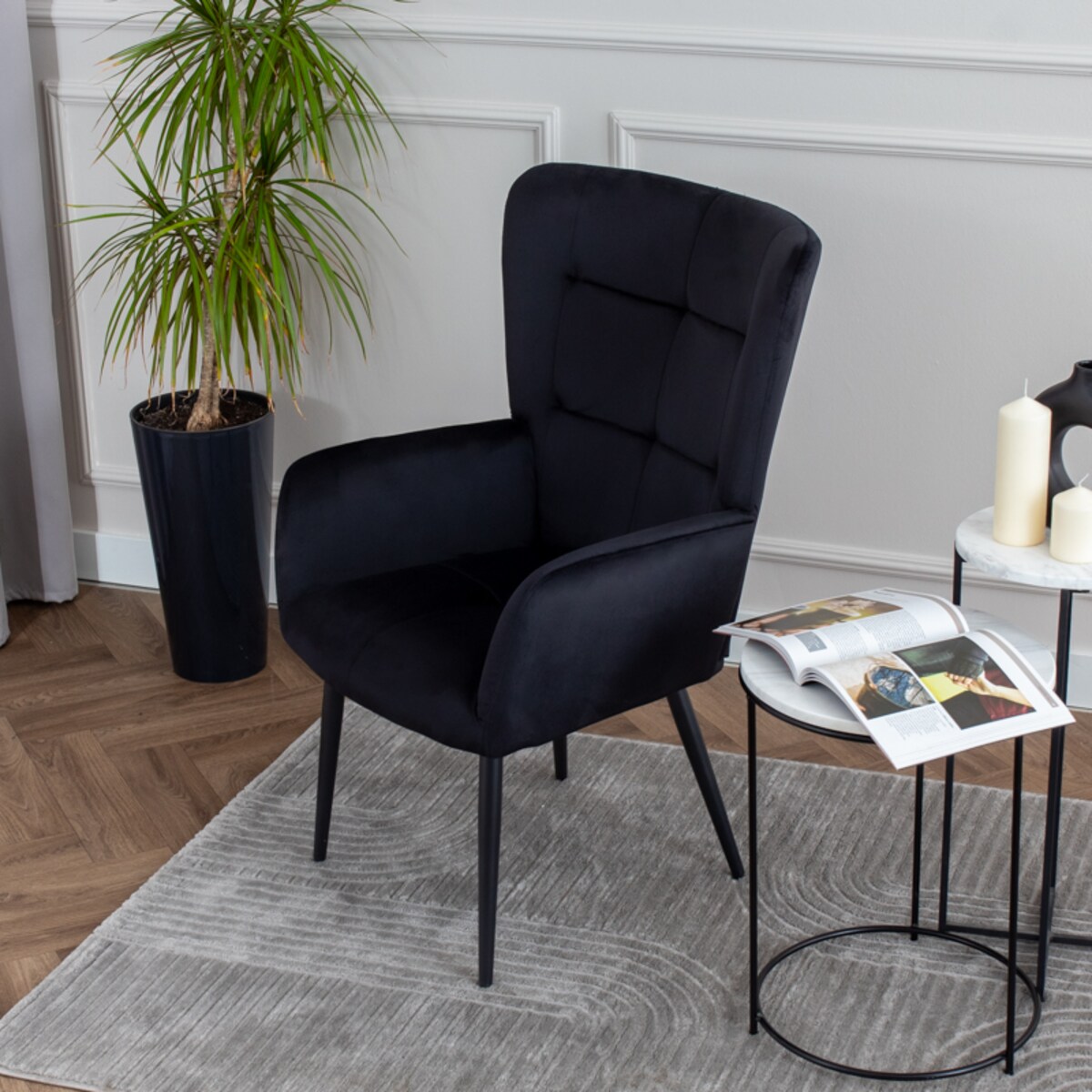 Fotel uszak do salonu wypoczynkowy welurowy tapicerowany czarny