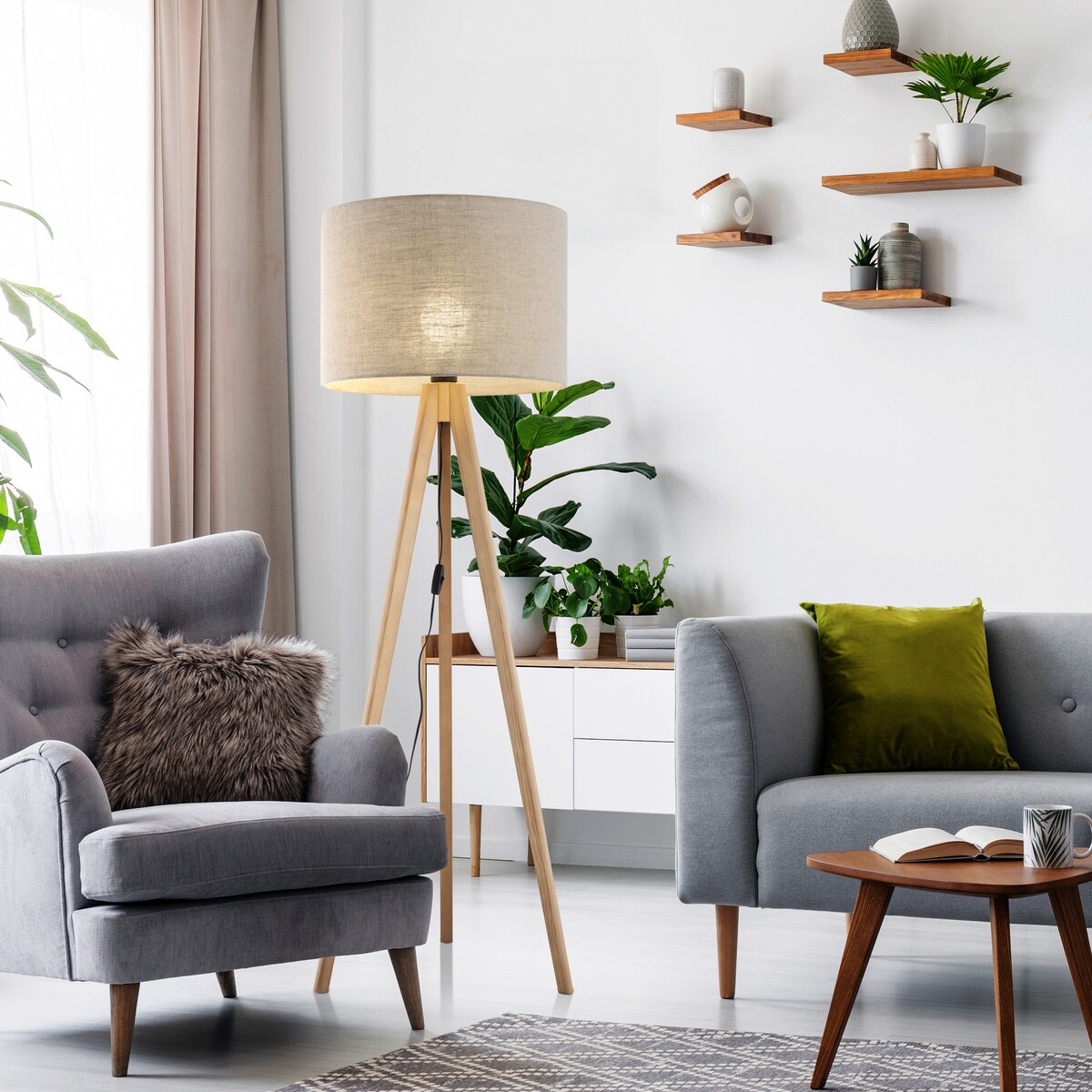 Lampa podłogowa TK Lighting GRAND SOSNA 16021 drewniana z lnianym abażurem E27 145 cm do salonu