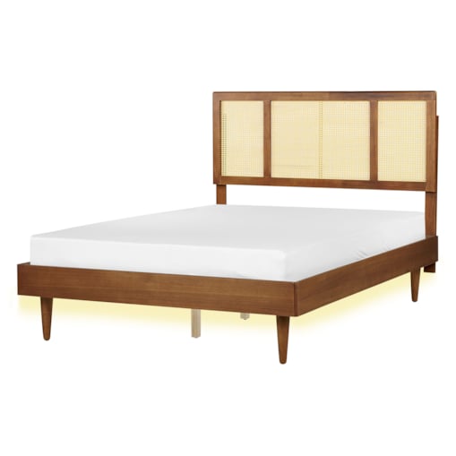 Łóżko LED Rattan AURAY 140 x 200 cm Brązowy