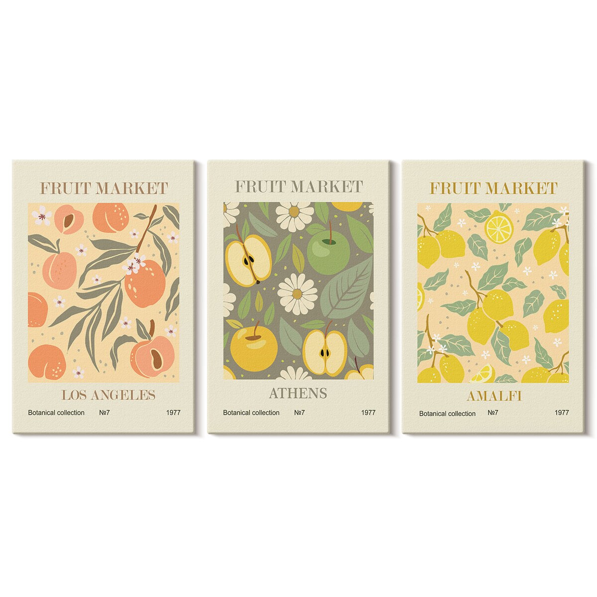 Zestaw 3 małych obrazów na płótnie - Owocowe wzory retro plakaty boho - żółty