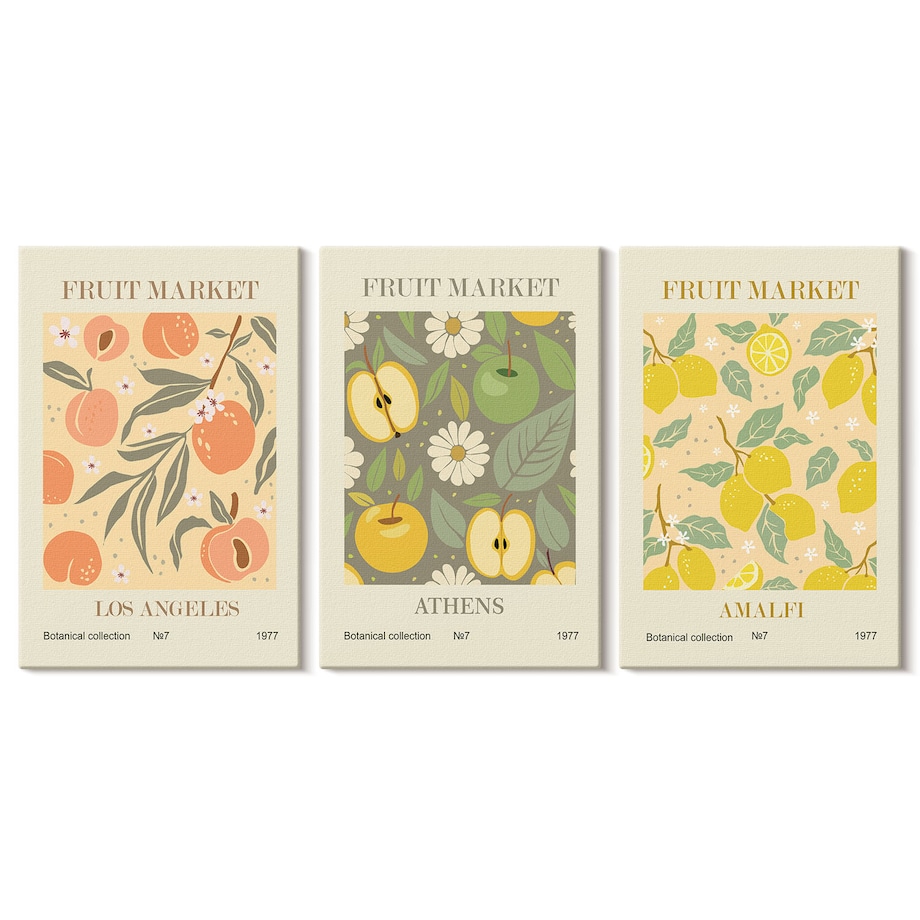 Zestaw 3 małych obrazów na płótnie - Owocowe wzory retro plakaty boho - żółty