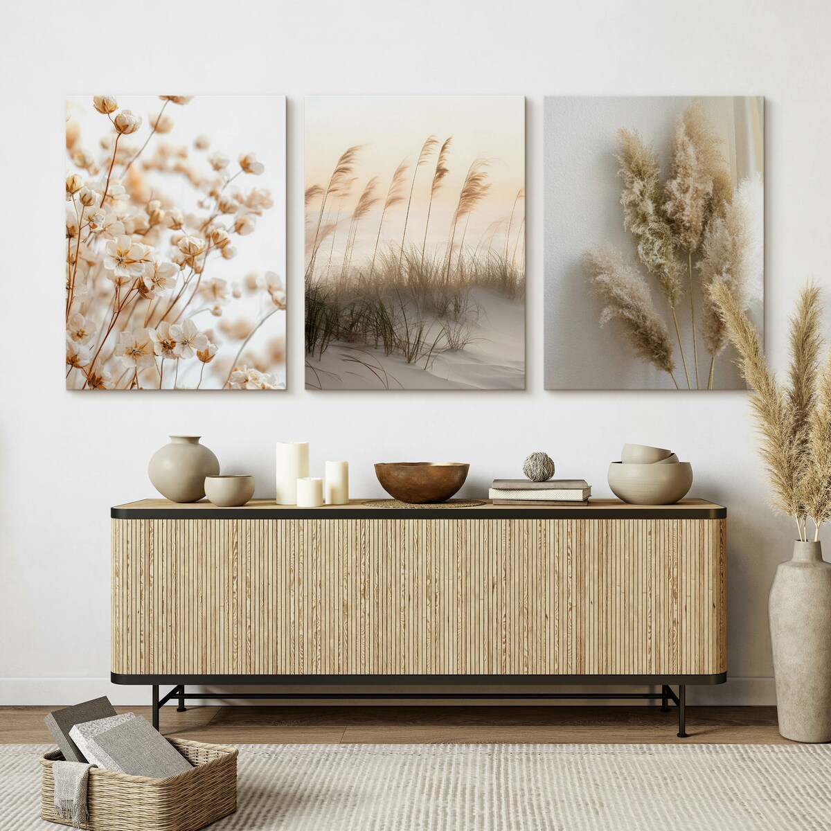 3x Obraz Do Salonu Set Plaża Wydmy Trawa Pampasowa Kwiaty Styl Boho 30x40cm