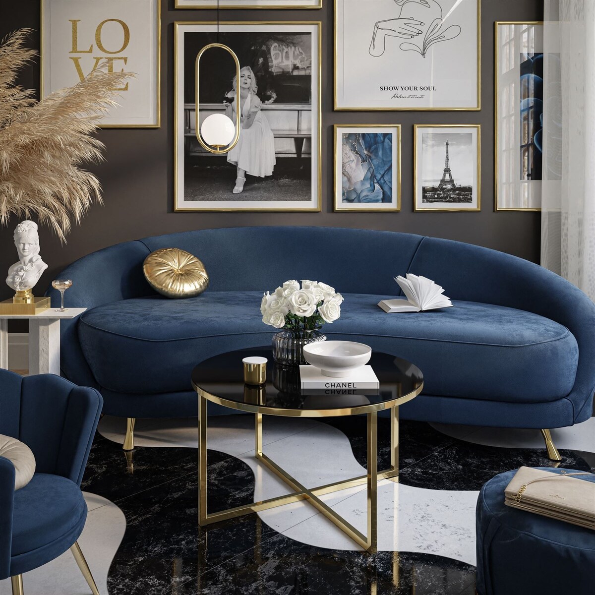 Okrągły stolik kawowy CIRI-X złoty chrom czarne szkło