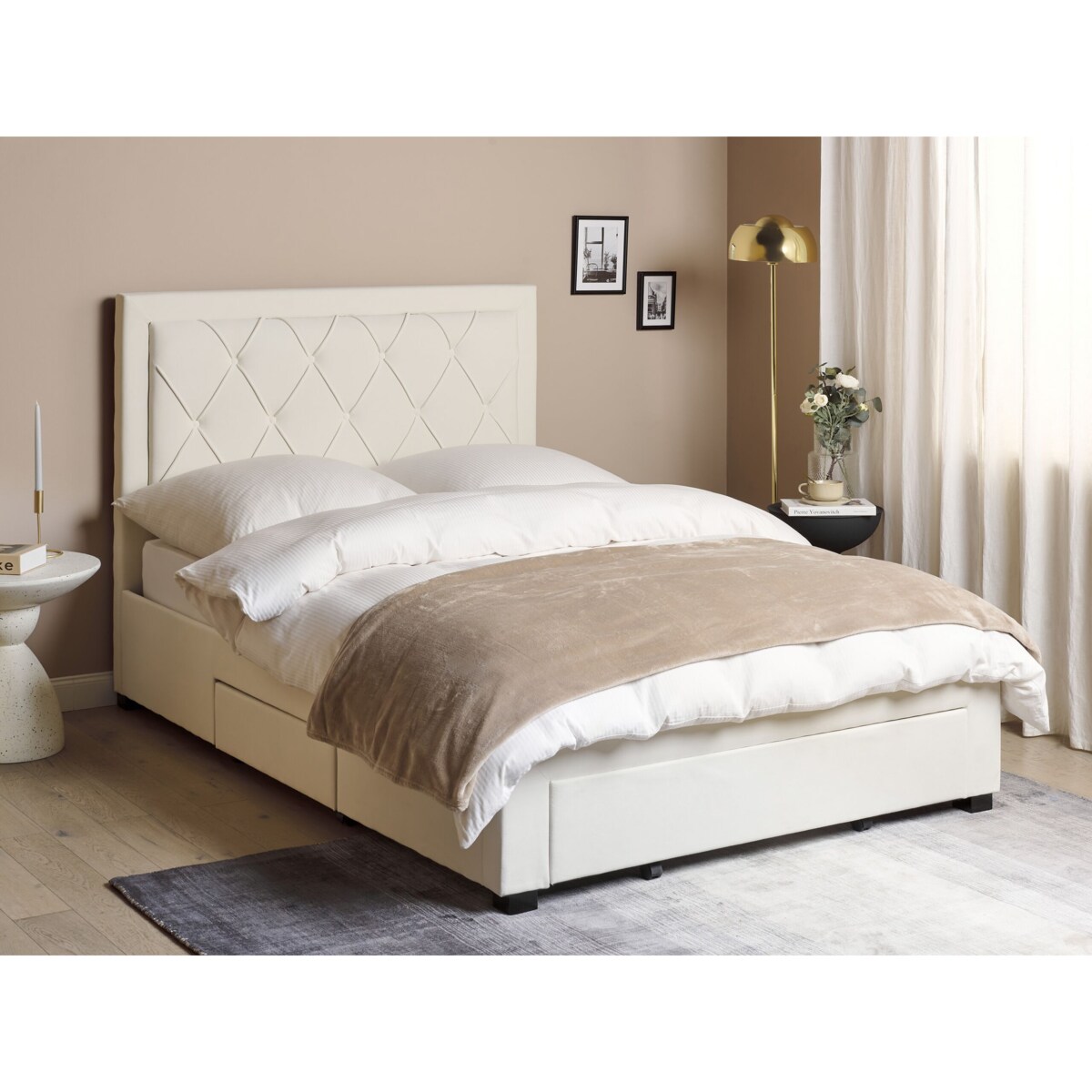 Łóżko z szufladami welurowe 140 x 200 cm kremowe LIEVIN
