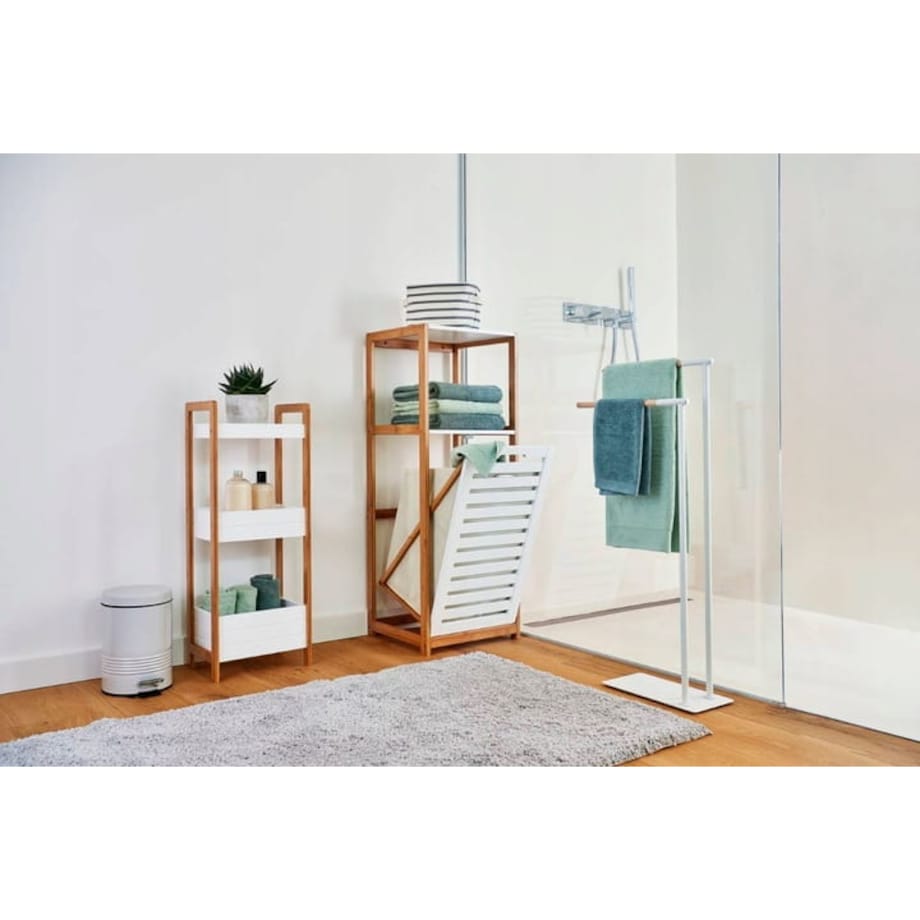 Bambusowa Szafka Łazienkowa z Koszem na Pranie Biała Pojemnik Praktyczna