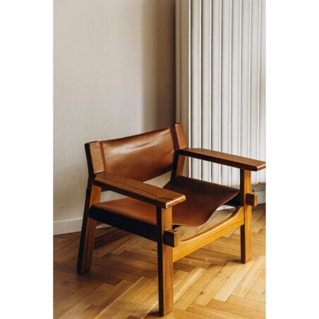 Designerski fotel z tekowego drewna i naturalnej skóry