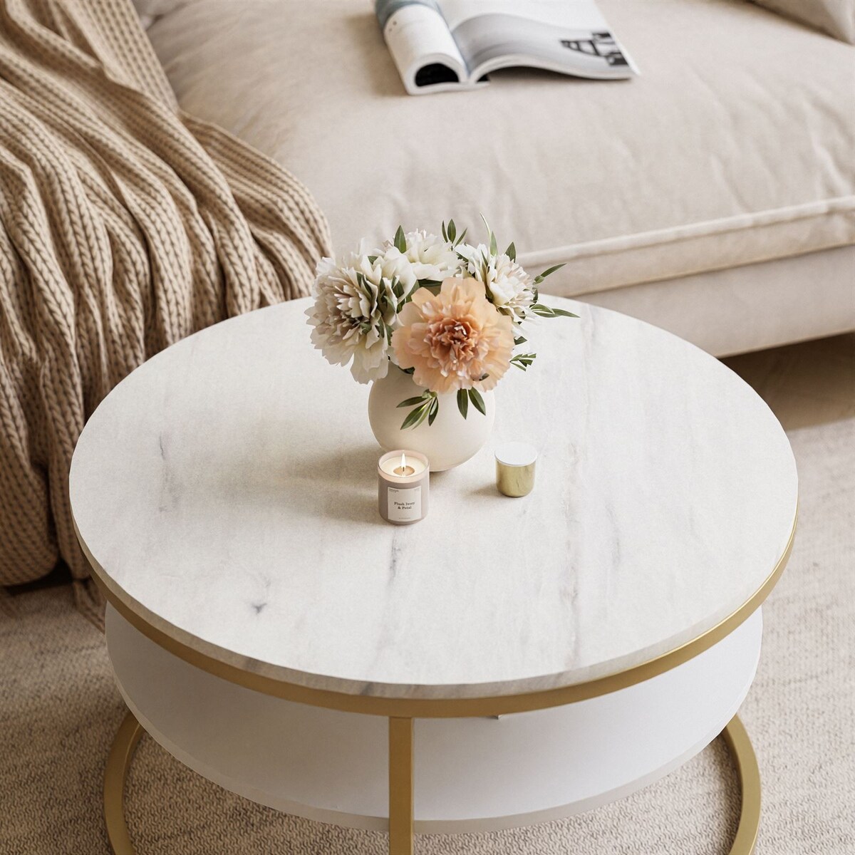 Okrągły stolik kawowy CIRI SLIM z półką złoty mat marmur levanto