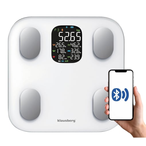 Waga łazienkowa z pomiarem tkanki tłuszczowej i składu ciała, Smart, BT, KLAUSBERG biała