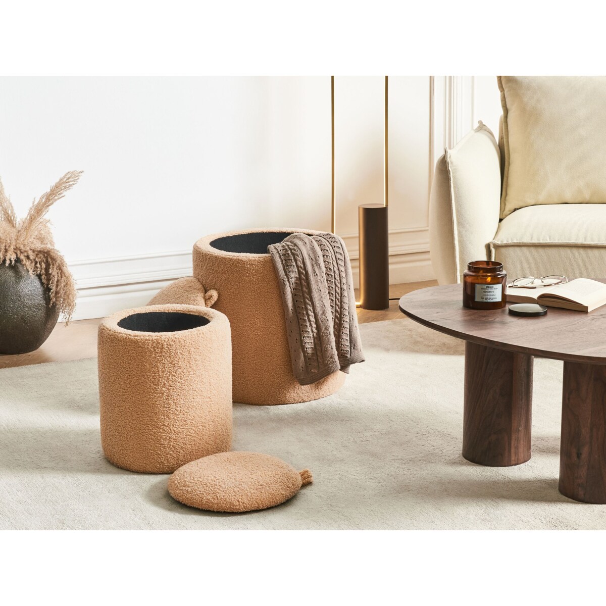 Zestaw 2 pufów boucle ze schowkiem jasnobrązowy BEREA