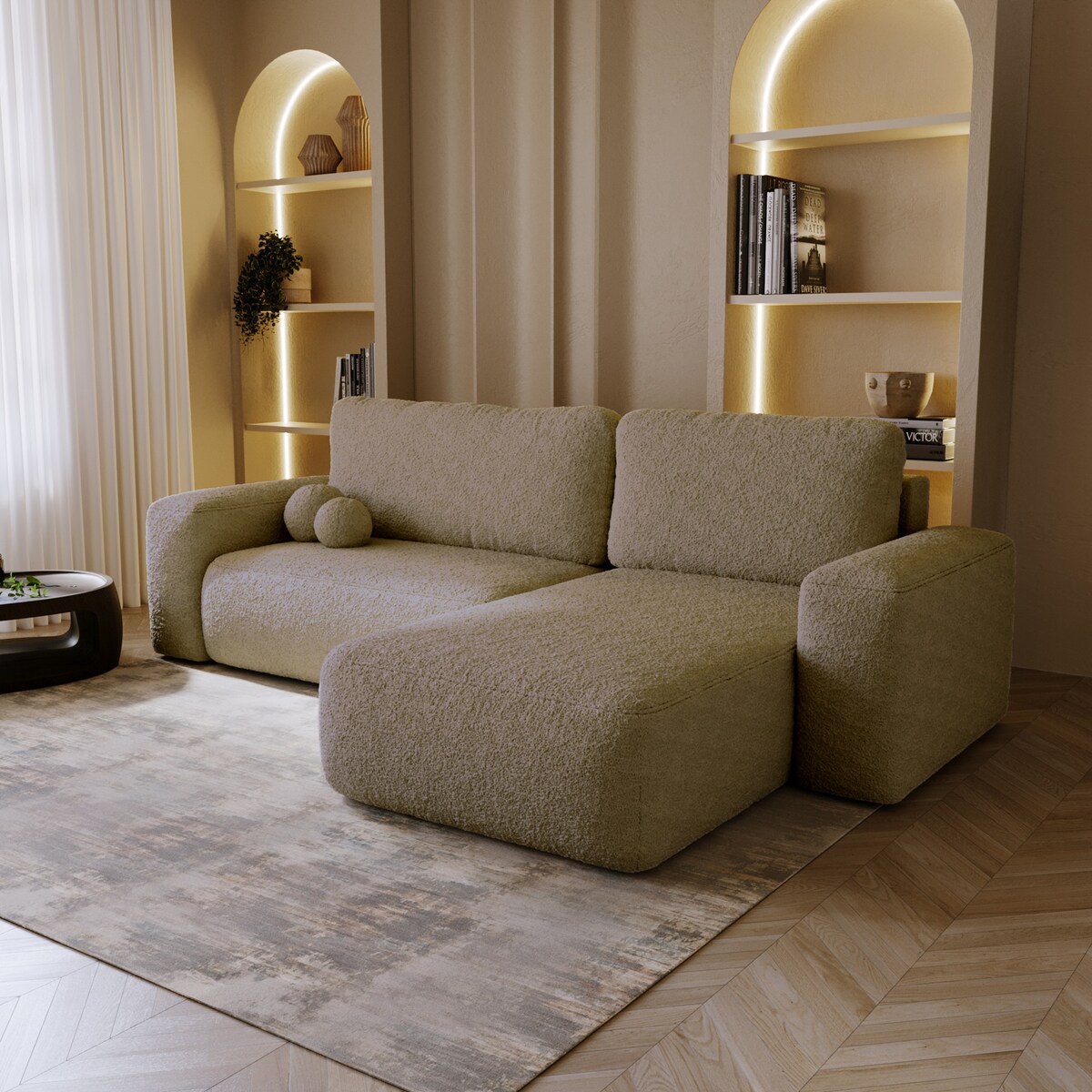 Narożnik Prawy ILO z funkcją spania i pojemnikiem na pościel, ciemny beż