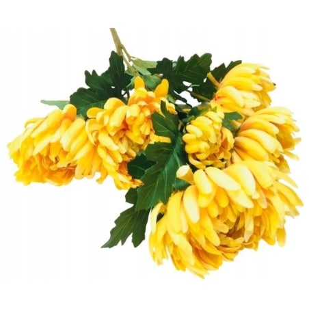 BUKIET DUŻY chryzantemy ŻÓŁTE sztuczne LIŚCIE do flakonu na cmentarz grób