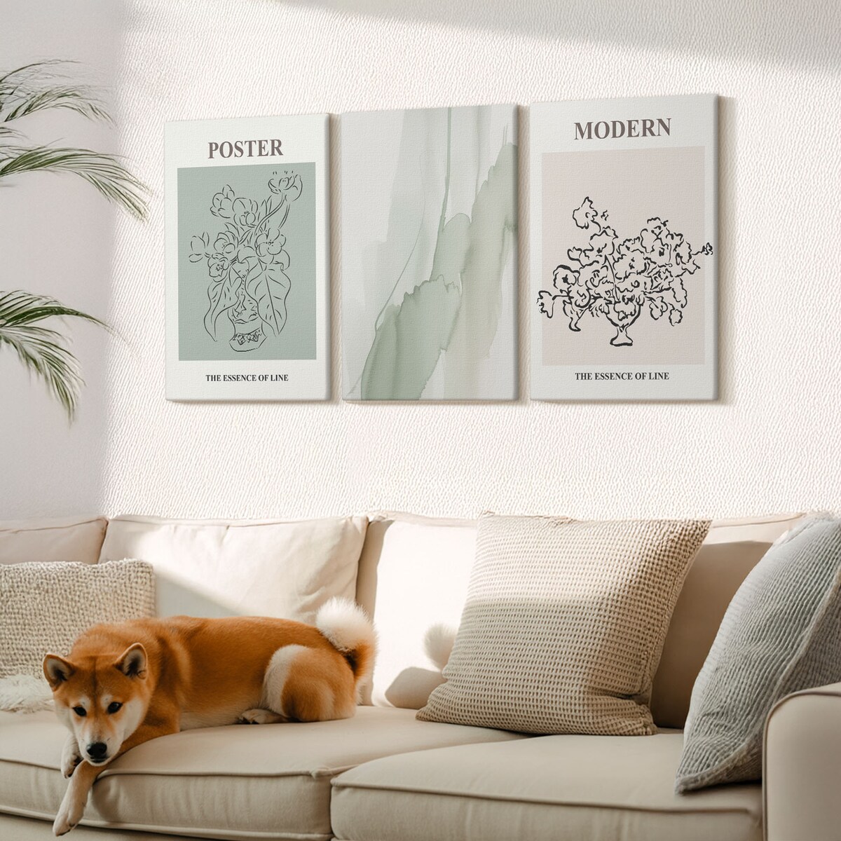 Zestaw 3 dużych obrazów na płótnie - Kwiaty w nowoczesnym wazonie - zielony