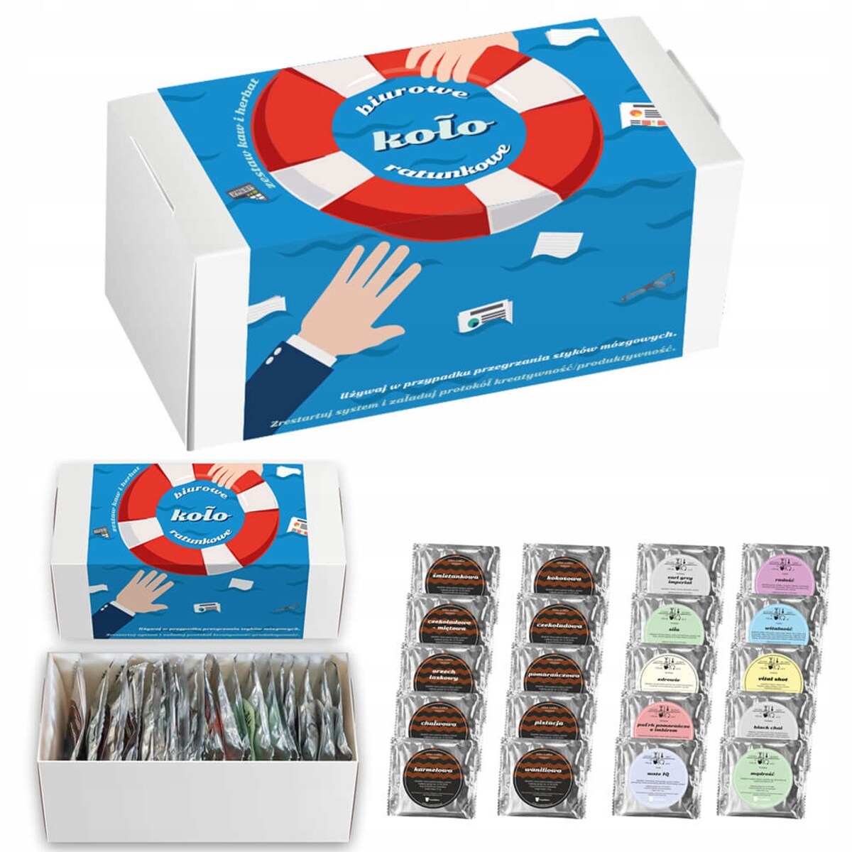 Zestaw mix 20 różnych smaków kaw mielonych i herbat liściastych premium "BIUROWE KOŁO RATUNKOWE" na prezent upominek dla kobiety faceta mężczyzny