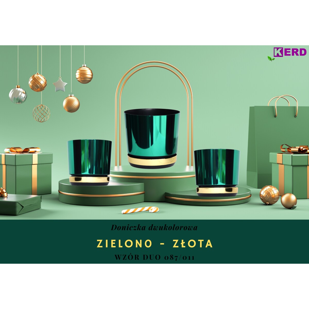 14 Doniczka DUO ZIELONA z podstawką ZŁOTA dwukolorowa nowoczesna glamour wysoki połysk metaliczna elegancka