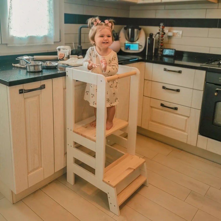 Kitchen Helper Drewniany Pomocnik Kuchenny dla Dziecka, Biały-Naturalny