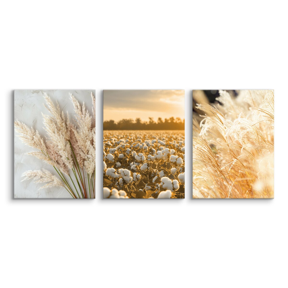 3x Obraz Do Sypialni Set Pejzaż Zachód Słońca Trawy Bawełna Styl Boho 30x40cm