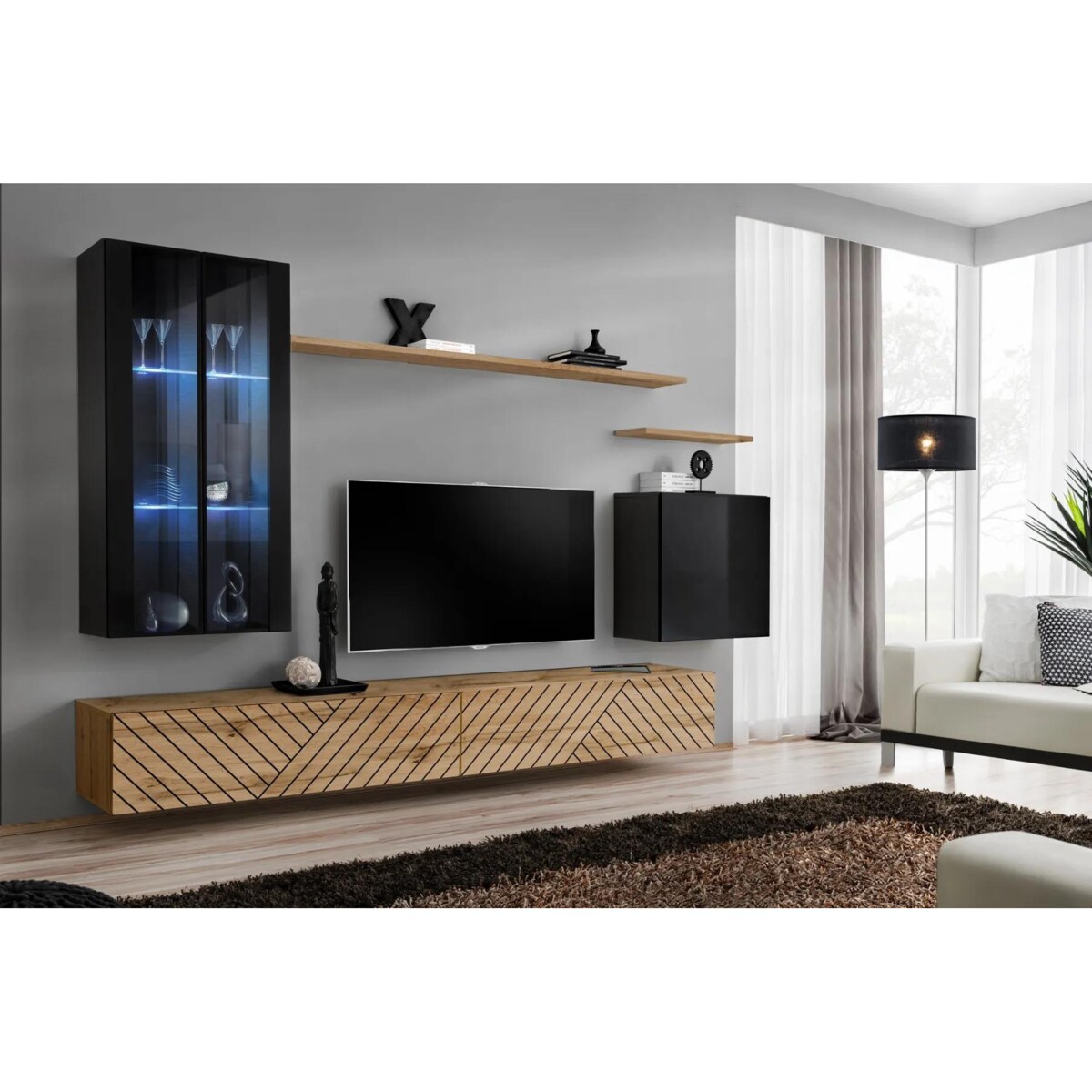 Meblościanka SWITCH LAMEL XII czarna/dąb wotan