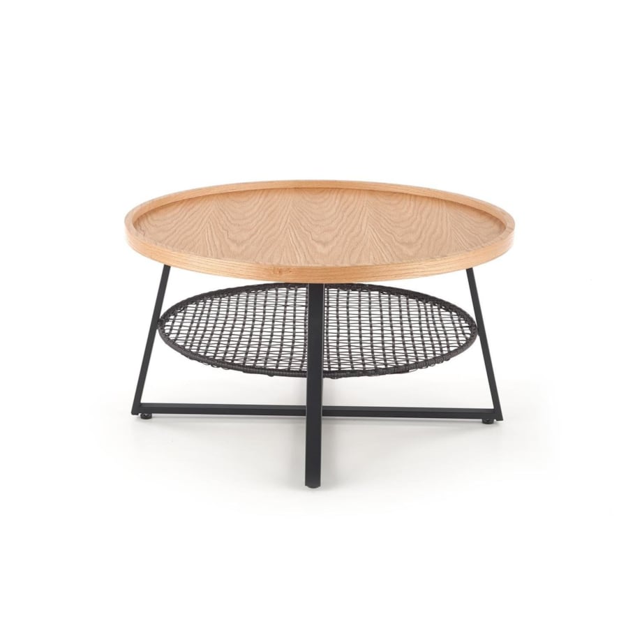 STOLIK KAWOWY Florence dąb OKRĄGŁY 80/45 cm półka z rattanu