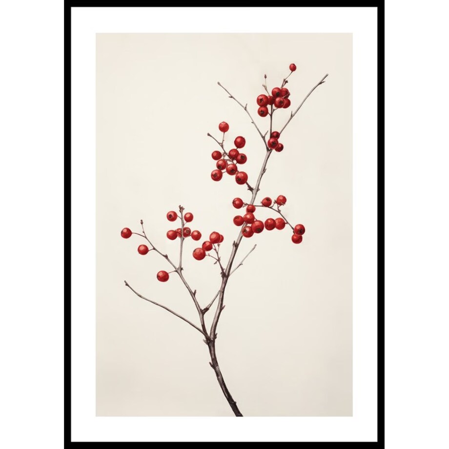 Poster Story, Plakat, Obraz - Gałązka z Czerwonymi Jagodami na Beżowym Tle, wymiary 21 x 30 cm