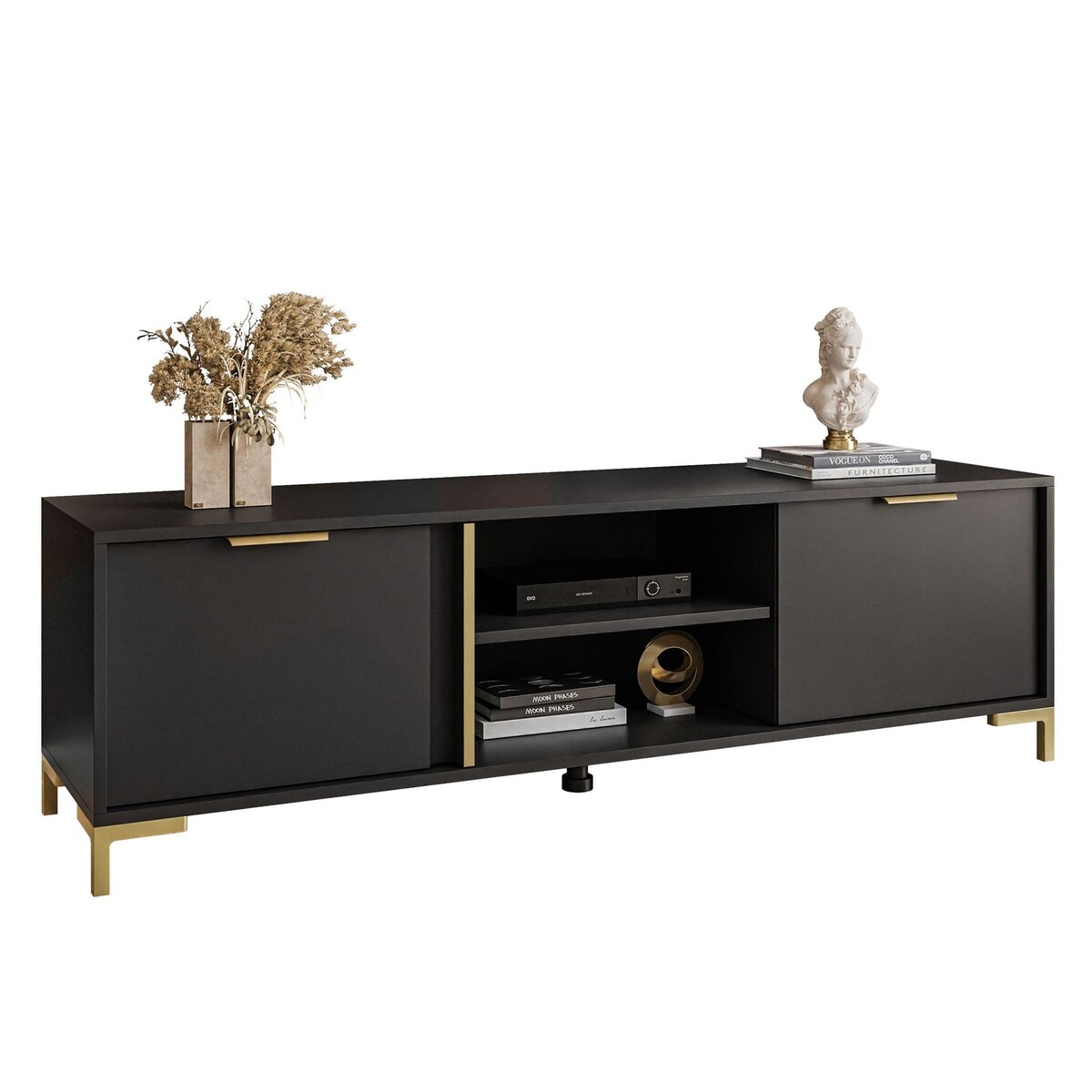 Szafka RTV LARETTO 153 cm antracyt, czarna, nóżki złote