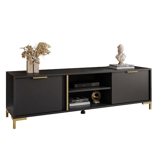 Szafka RTV LARETTO 153 cm antracyt, czarna, nóżki złote