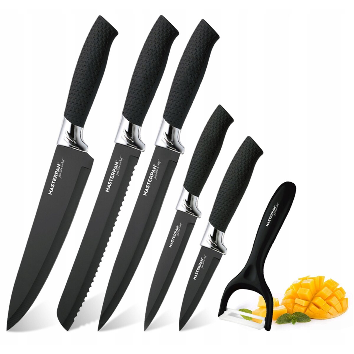 Zestaw Komplet Noży Kuchennych Czarne W Pudełku 6 El. Obieraczka Ostre