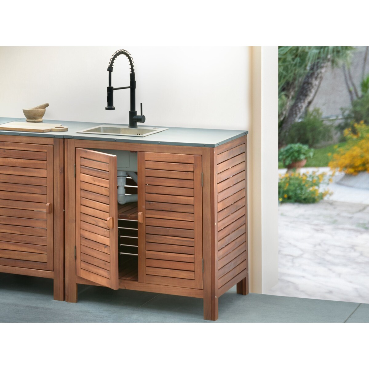 Szafka kuchenna ogrodowa ze zlewem BRUCOLI Drewno akacjowe 80 cm 50 cm Brązowy/ czarny